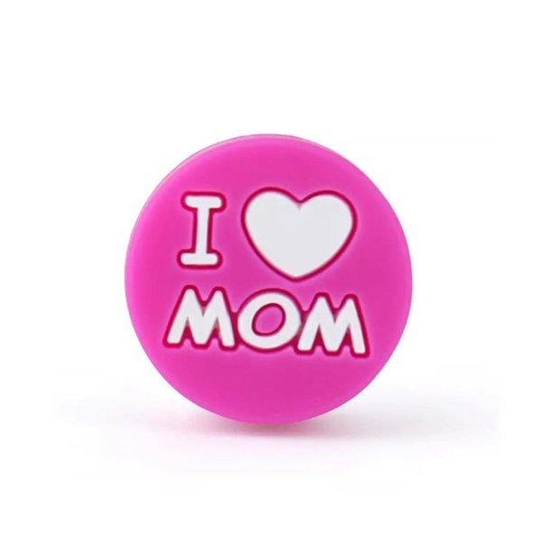 Silikone perle med teksten I &hearts; MOM Pink